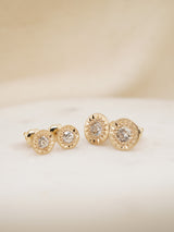 Shown: (Left) 0.1ct (3mm) studs, (Right) 0.25ct (4mm) antique diamond studs in 14k yellow gold and signature matte finish.