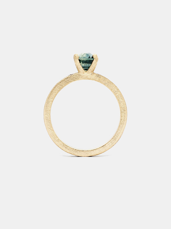 Dianthus Cushion Solitaire- Sapphire with 1ct viridian Montana sapphire in 14k yellow gold with recycled diamond pave accents and organic texture with signature matte finish.