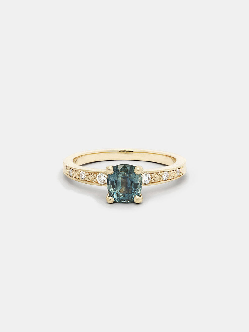 Shown: 1ct viridian Montana sapphire in 14k yellow gold with organic texture and signature matte finish.
