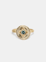 Shown: BIZARRE N - $970 - Four Corners Ring with 3mm Montana Sapphire. 14k yellow gold. Matte finish. Size 7. 