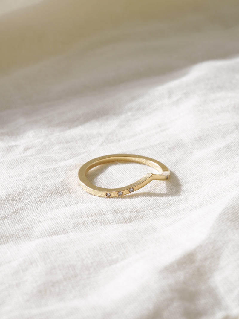Shown: BIZARRE - $250 - Bespoke Vinca Band with 6 flush set diamonds. 18k yellow gold. Smooth texture. Polished finish. Size 3.75. Makes a great midi ring.