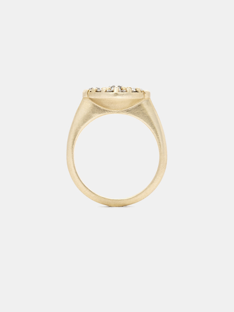Shown: 0.5ct antique diamond with (2) 3mm antique side stones and recycled diamond accents in 14k yellow gold with smooth texture and signature matte finish.