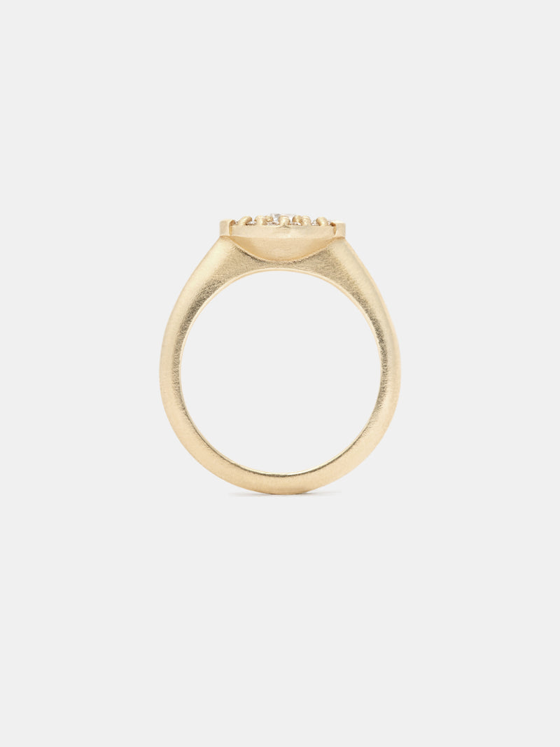 Shown: near colorless 4mm antique diamond with (2) 2.5mm antique diamond side stones and recycled diamond accents in 14k yellow gold with smooth texture and signature matte finish.