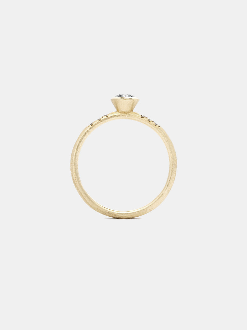 Shown: 0.25ct Near Colorless diamond in 14k yellow gold with diamond pave, smooth texture and signature matte finish.