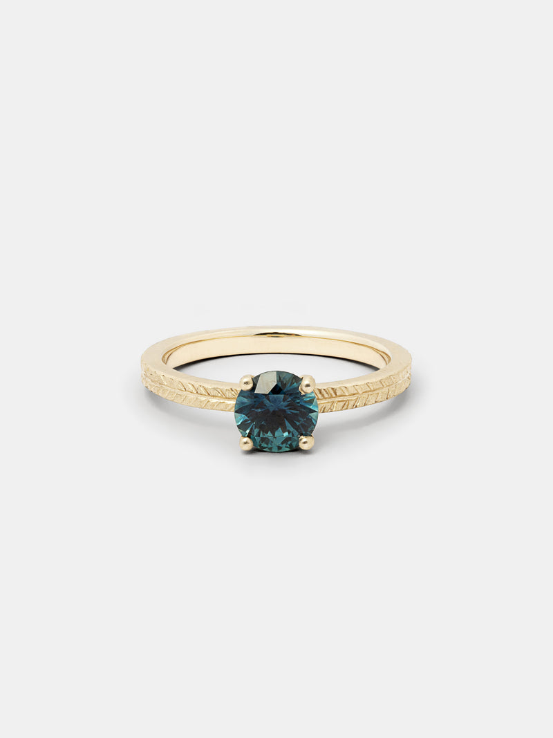 Shown: 1ct teal Montana sapphire in 14k yellow gold with signature matte finish.